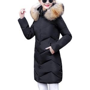 imageFlygo Womens Winter Quilted Coat Faux Fur Hooded Down Chevron Puffer JacketBlack