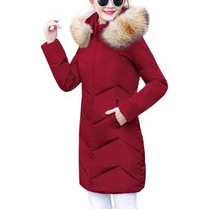 imageFlygo Womens Winter Quilted Coat Faux Fur Hooded Down Chevron Puffer JacketRed