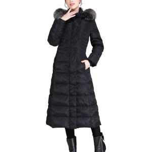 imageFlygo Womens Winter Warm Fur Hooded Maxi Long Down Jacket Parka Puffer CoatBlack