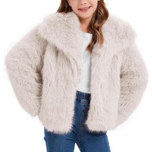 imageFlygo Girls Faux Fur Coat Kids Fluffy Long Sleeve Lapel Collar Open Front Jacket Warm Winter Shaggy Outwear with PocketsApricot