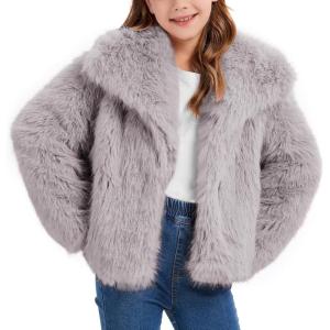 imageFlygo Girls Faux Fur Coat Kids Fluffy Long Sleeve Lapel Collar Open Front Jacket Warm Winter Shaggy Outwear with PocketsLightkhaki