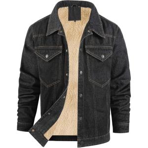 imageFlygo Mens Sherpa Fleece Lined Denim Jackets Winter Warm Snap Turn Down Collar Trucker Jacket Cowboy Thicken Heavy Duty CoatBlack