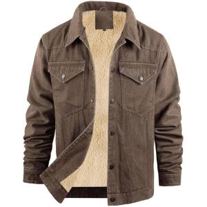 imageFlygo Mens Sherpa Fleece Lined Denim Jackets Winter Warm Snap Turn Down Collar Trucker Jacket Cowboy Thicken Heavy Duty CoatBrown