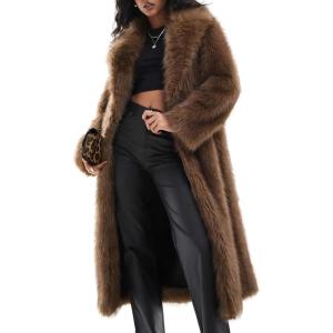imageFlygo Womens Long Faux Fur Coats Winter Fluffy Open Front Luxury Overcoat Shaggy Lapel Long Sleeve Fuzzy Warm Cardigan JacketBrown