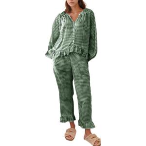 imageFlygo Womens Plaid Pajamas Sets 2 Piece Cotton Pj Set Puff Sleeve Ruffle Babydoll Shirt Gingham Pants Lounge SetsDark Green