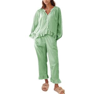 imageFlygo Womens Plaid Pajamas Sets 2 Piece Cotton Pj Set Puff Sleeve Ruffle Babydoll Shirt Gingham Pants Lounge SetsLight Green