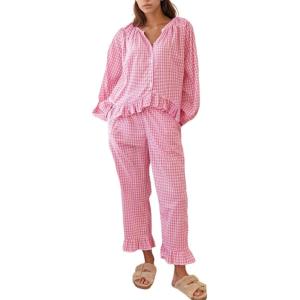 imageFlygo Womens Plaid Pajamas Sets 2 Piece Cotton Pj Set Puff Sleeve Ruffle Babydoll Shirt Gingham Pants Lounge SetsPink