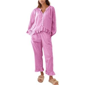 imageFlygo Womens Plaid Pajamas Sets 2 Piece Cotton Pj Set Puff Sleeve Ruffle Babydoll Shirt Gingham Pants Lounge SetsRose