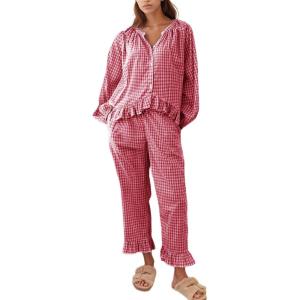 imageFlygo Womens Plaid Pajamas Sets 2 Piece Cotton Pj Set Puff Sleeve Ruffle Babydoll Shirt Gingham Pants Lounge SetsWine Red
