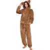 imageFlygo Womens Fluffy Pajamas Sets Fleece Loungewear Pullover Bear Ear Fuzzy Hoodie Plush Pants 2 Piece Sleepwear with PocketsBrown
