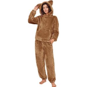 imageFlygo Womens Fluffy Pajamas Sets Fleece Loungewear Pullover Bear Ear Fuzzy Hoodie Plush Pants 2 Piece Sleepwear with PocketsBrown