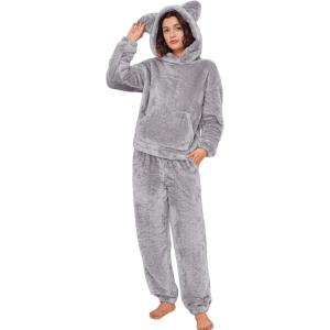imageFlygo Womens Fluffy Pajamas Sets Fleece Loungewear Pullover Bear Ear Fuzzy Hoodie Plush Pants 2 Piece Sleepwear with PocketsGrey