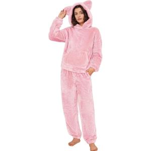imageFlygo Womens Fluffy Pajamas Sets Fleece Loungewear Pullover Bear Ear Fuzzy Hoodie Plush Pants 2 Piece Sleepwear with PocketsLightpink