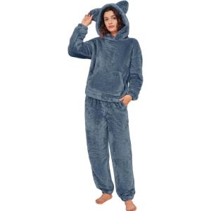 imageFlygo Womens Fluffy Pajamas Sets Fleece Loungewear Pullover Bear Ear Fuzzy Hoodie Plush Pants 2 Piece Sleepwear with PocketsNavy