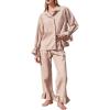 imageFlygo Womens Gingham Pajamas Sets Cotton Plaid Pjs Ruffled Sleeve Button Down Shirt Pants Y2k 2 Piece Lounge SetBrown