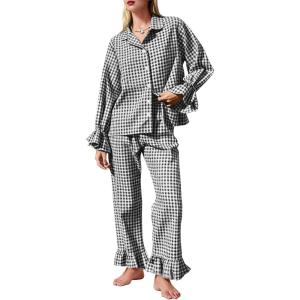 imageFlygo Womens Gingham Pajamas Sets Cotton Plaid Pjs Ruffled Sleeve Button Down Shirt Pants Y2k 2 Piece Lounge SetBlack