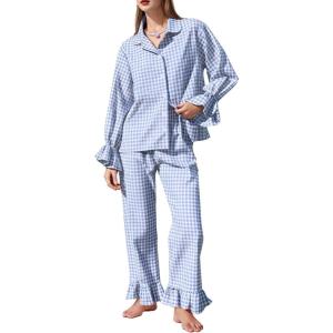 imageFlygo Womens Gingham Pajamas Sets Cotton Plaid Pjs Ruffled Sleeve Button Down Shirt Pants Y2k 2 Piece Lounge SetBlue
