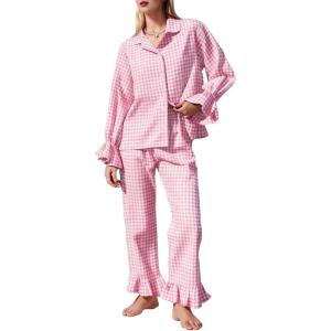 imageFlygo Womens Gingham Pajamas Sets Cotton Plaid Pjs Ruffled Sleeve Button Down Shirt Pants Y2k 2 Piece Lounge SetPink