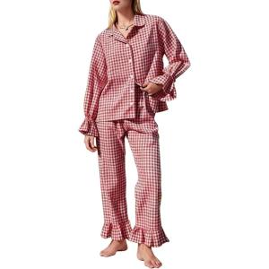 imageFlygo Womens Gingham Pajamas Sets Cotton Plaid Pjs Ruffled Sleeve Button Down Shirt Pants Y2k 2 Piece Lounge SetWine Red