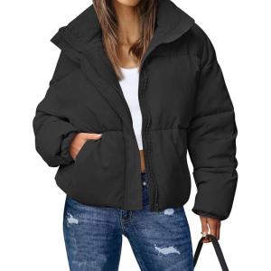 imageFlygo Womens Cropped Puffer Jacket Stand Collar Zip up Quilted Winter Down Jacket CoatBlack