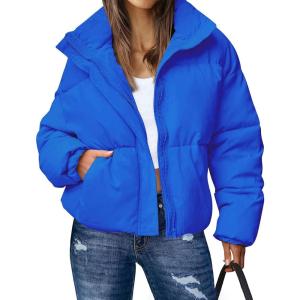 imageFlygo Womens Cropped Puffer Jacket Stand Collar Zip up Quilted Winter Down Jacket CoatBlue