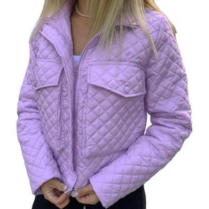 imageFlygo Womens Diamond Quilted Puffer Jacket Winter Lightweight Crop Padded CoatPurple
