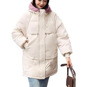 imageFlygo Womens Winter Casual Quilted Puffer Down Coats FullZip Hooded Mid Length Jacket OuterwearCreamywhite