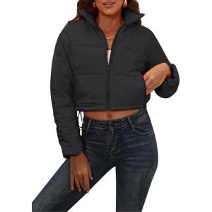 imageFlygo Womens Winter Cropped Puffer Jacket Zip Up Stand Collar Quilted Padded CoatBlack