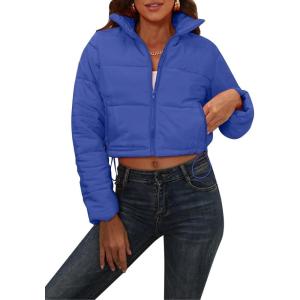 imageFlygo Womens Winter Cropped Puffer Jacket Zip Up Stand Collar Quilted Padded CoatBlue