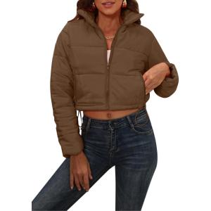 imageFlygo Womens Winter Cropped Puffer Jacket Zip Up Stand Collar Quilted Padded CoatBrown