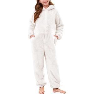imageFlygo Girls Fleece Jumpsuits Fuzzy Hooded Rompers Kids Zip up Onesie Romper Costume Warm Winter Clothes 514 YearsBeige