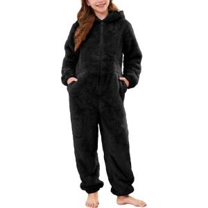 imageFlygo Girls Fleece Jumpsuits Fuzzy Hooded Rompers Kids Zip up Onesie Romper Costume Warm Winter Clothes 514 YearsBlack
