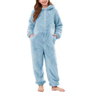 imageFlygo Girls Fleece Jumpsuits Fuzzy Hooded Rompers Kids Zip up Onesie Romper Costume Warm Winter Clothes 514 YearsBlue