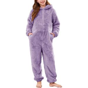 imageFlygo Girls Fleece Jumpsuits Fuzzy Hooded Rompers Kids Zip up Onesie Romper Costume Warm Winter Clothes 514 YearsPurple