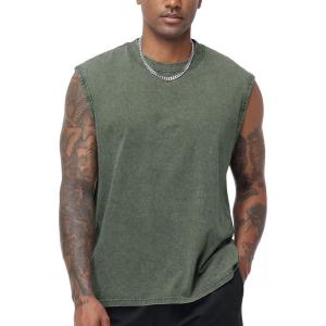 imageFlygo Mens Sleeveless Workout Tank Tops Cotton Cut Off Muscle T Shirts Acid Wash Loose Running Gym TeesArmy Green