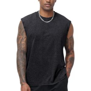 imageFlygo Mens Sleeveless Workout Tank Tops Cotton Cut Off Muscle T Shirts Acid Wash Loose Running Gym TeesBlack