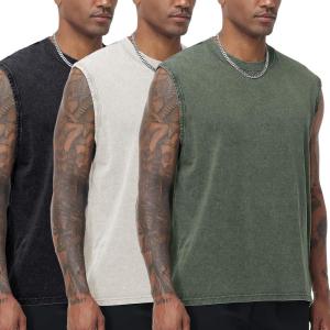 imageFlygo Mens Sleeveless Workout Tank Tops Cotton Cut Off Muscle T Shirts Acid Wash Loose Running Gym TeesBlackarmygreenapricot