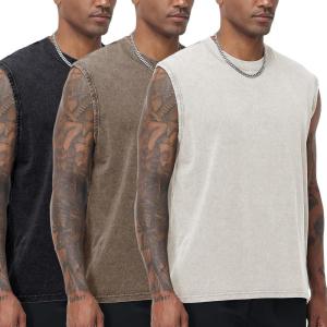 imageFlygo Mens Sleeveless Workout Tank Tops Cotton Cut Off Muscle T Shirts Acid Wash Loose Running Gym TeesBlackcoffeeapricot