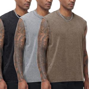 imageFlygo Mens Sleeveless Workout Tank Tops Cotton Cut Off Muscle T Shirts Acid Wash Loose Running Gym TeesBlackcoffeegrey