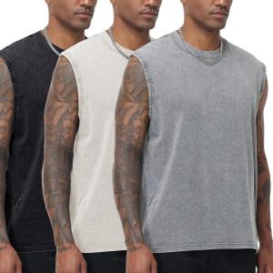 imageFlygo Mens Sleeveless Workout Tank Tops Cotton Cut Off Muscle T Shirts Acid Wash Loose Running Gym TeesBlackgreyapricot