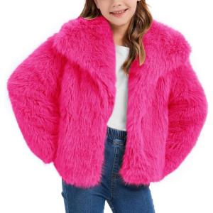 imageFlygo Girls Faux Fur Coat Kids Fluffy Long Sleeve Lapel Collar Open Front Jacket Warm Winter Shaggy Outwear with PocketsRose