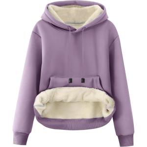 imageFlygo Womens Sherpa Fleece Lined Hoodie Winter Warm Thermal Heavyweight Plain Pullover Thicken Sweatshirt Tops with PocketsPurple