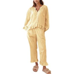 imageFlygo Womens Plaid Pajamas Sets 2 Piece Cotton Pj Set Puff Sleeve Ruffle Babydoll Shirt Gingham Pants Lounge SetsYellow