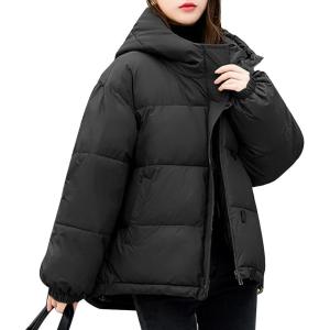 imageFlygo Womens Puffer Down Jacket Winter Bubble Quilted Coat with Hood Warm Padded OuterwearBlack