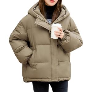 imageFlygo Womens Puffer Down Jacket Winter Bubble Quilted Coat with Hood Warm Padded OuterwearCoffee