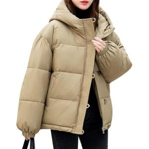 imageFlygo Womens Puffer Down Jacket Winter Bubble Quilted Coat with Hood Warm Padded OuterwearKhaki
