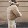 imageFlygo Womens Cropped Teddy Coat Stand Collar Winter Fluffy Faux Fur Jacket Shearling Outerwear TopBeige