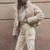 imageFlygo Womens Cropped Teddy Coat Stand Collar Winter Fluffy Faux Fur Jacket Shearling Outerwear TopBeige