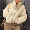 imageFlygo Womens Cropped Teddy Coat Stand Collar Winter Fluffy Faux Fur Jacket Shearling Outerwear TopBeige