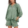 imageFlygo Women Gingham 2 Piece Pajama Sets Y2K Plaid Ruffle Short Sets Raglan Sleeve Shirt Lounge Shorts Sleepwear with PocketsDarkgreen